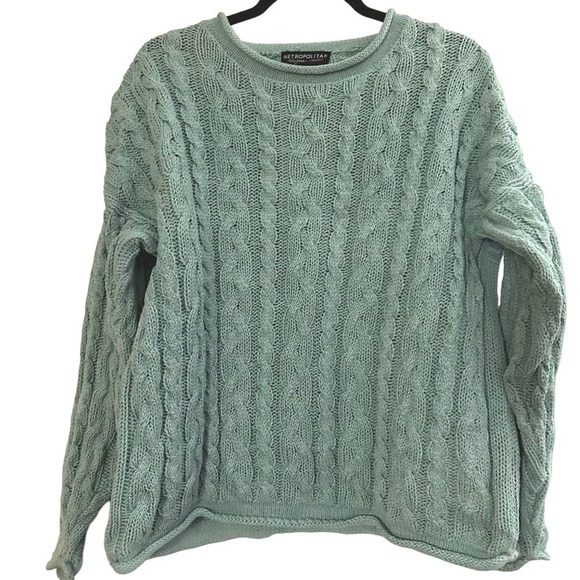 Vintage Metropolitan New York Cable Knit Seafoam Teal Roll Hem Sweater Medium - Picture 1 of 3